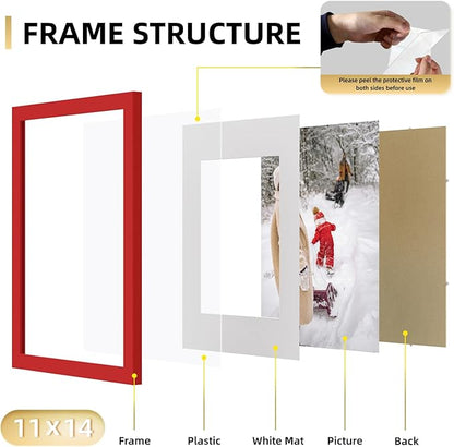 YESKAY 11x14 Picture Frame Set of 9, Photo Gallery Wall Frame Set, Display Pictures 8x10 with Mat or 11 x 14 Without Mat, Multi Photo Frames for Wall Mounting or Table Top Display, Red