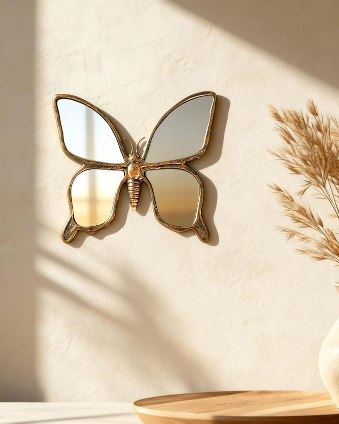 Dragonfly Wall Mirror Decor, Butterfly Art Wall Mirrors, Retro Gold Resin Decorative Wall Mirror, Creative Home Decoration for Living Room Bedroom (Butterfly)