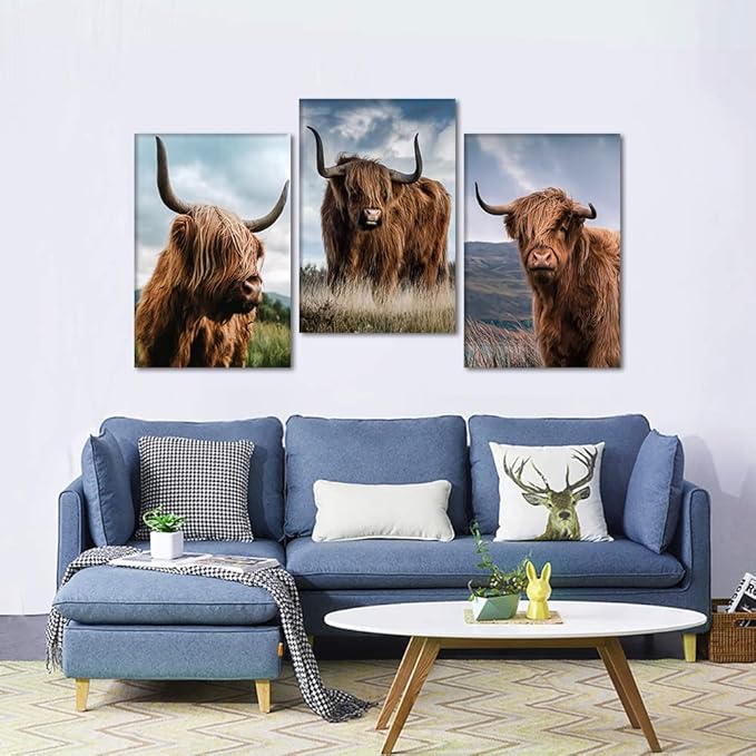 Large Wall Art 3 Panels Cow Pictures Wall Decor Highland Cow Canvas Art Vintage Farm Cattle Posters Animal Painting Canvas Prints Decor, Framed 24'' Wx36''Hx3pcs