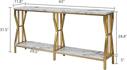 HOMISSUE Sofa Console Table, 63" Extra Long Sofa Table with 2-Tier Storage, Industrial Narrow Console Tables Behind Couch, Hallway Table for Entryway, Living Room，Gold