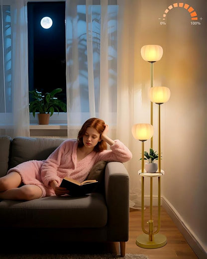 Gold Floor Lamp with Table, Modern Dimmable Floor Lamps with Pumpkin Lampshade, 3000K Soft Warm White Bulbs Included, 3-Light Tall Standing Lamp with 5Lbs Heavy Base for Living Room/Bedroom
