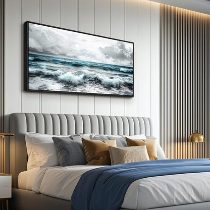 ERQINHUA Black And White Beach Canvas Wall Art For Living Room Wall Decoration For Bedroom Office Wall Decor Blue Sea Wave Printing Pictures Artwork Home Decor Painting Black Framed 24x48 In