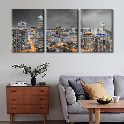 TUMOVO Charlotte North Carolina Skyline Black and White Wall Art 3 Pieces Nighttime Lightscape Bedroom Living Room City Skyline Wall Decor for Living Room Framed Ready to Hang (36" Wx16 H)