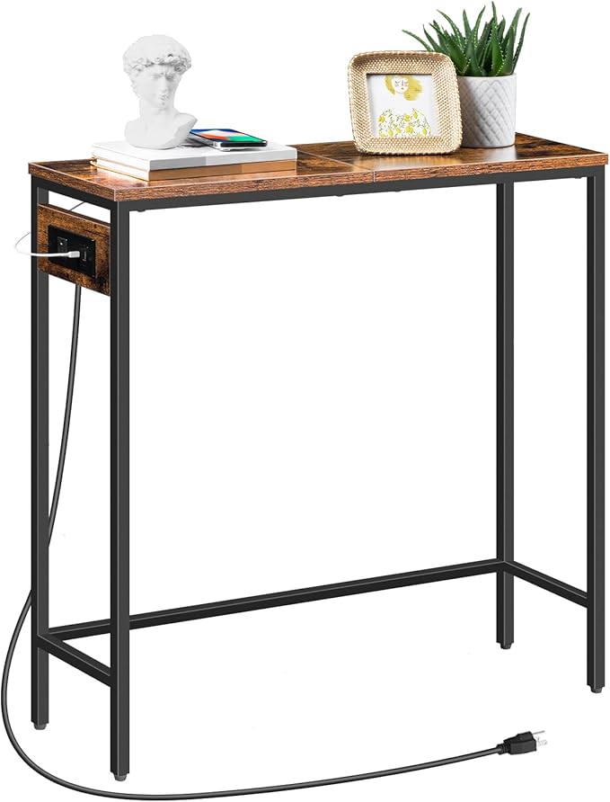 HOOBRO Narrow Console Table with Power Outlets, 29.5" Small Entryway Table with Charging Station, Thin Sofa Table, Side Table, for Hallway, Bedroom, Living Room, Rustic Brown and Black BF75UXG01