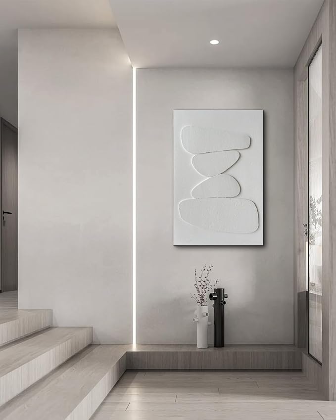 Creespi Hand-Painted White 3D Textured Wall Art 24x36 inches,Minimalist Abstract Canvas Art Painting for Home Wall Decoration