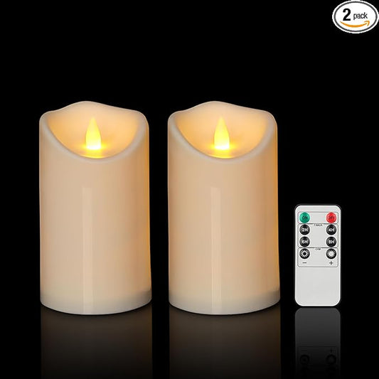 Outdoor Flameless Candles, Patented 3D Dual-LED, Set of 2 Slanted Plastic Pillars with Remote, Waterproof Non-Melting Battery Operated Decor for Bathroom Bedroom Gift, Ivory (D3 x H6)