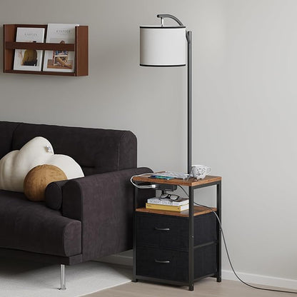 SUNMORY Floor Lamp with Table & 2 Drawers, Lamp with USB Port and Outlet, Nightstand with 3 Color Temperature Led Bulb Included, Floor Lamps for Living Room, Bedroom and Home Office, Rustic Brown