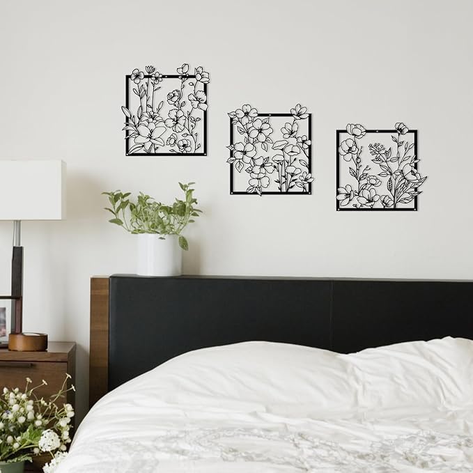 Vineland Metal Floral Wall Art, 11.8x11.8 inches, Set of 3, Black Minimalist Floral Decor for Living room Bathroom Bedroom, Housewarming Gifts