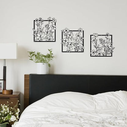 Vineland Metal Floral Wall Art, 11.8x11.8 inches, Set of 3, Black Minimalist Floral Decor for Living room Bathroom Bedroom, Housewarming Gifts