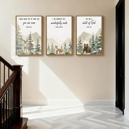 HPNIUB Woodland Animal Christian Framed Wall Art Set,Bible Verse Quote Wall Decor,Nature Forest Religious Art Print,Misty Forest Deer Bear Fox Artwork for Nursery,Kids Bedroom,Study Room-24"x36"x3