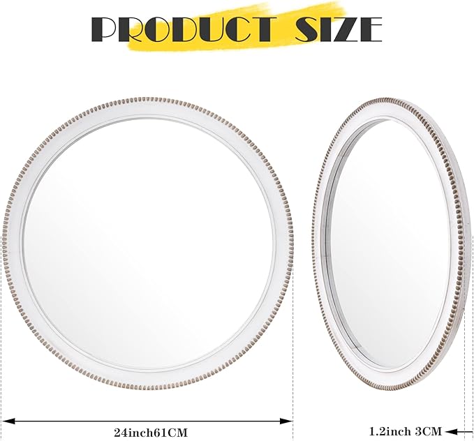 sawsile Round Wood Mirror,24 inch Circle Rustic Farmhouse White Wooden Frame Boho Beads Wall Mirror for Bathroom,Living Room,Bedroom or Entryway