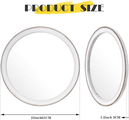 sawsile Round Wood Mirror,24 inch Circle Rustic Farmhouse White Wooden Frame Boho Beads Wall Mirror for Bathroom,Living Room,Bedroom or Entryway