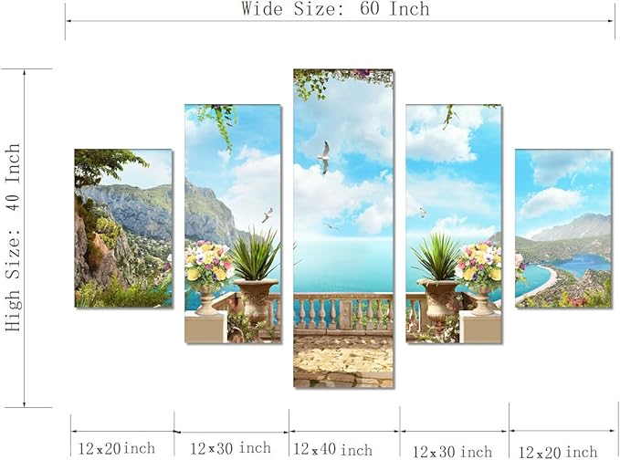 Beautiful Modern Landscape Balcony Overlooking the Harbour Pictures Painting on Canvas 5 Panels Combination Extra Large for Wall Art Living Room Home Decor Framed Stretched (60" W x 40" H)