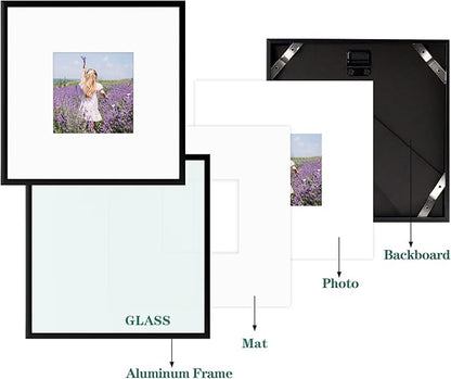Golden State Art, Gallery Wall Frame Set of 6 - Black 8x8 Aluminum Photo Frames with Mat for 4x4 Pictures - 8 x 8 inch Metal Frame with Real Glass Cover - Elegant Home or Office Decor