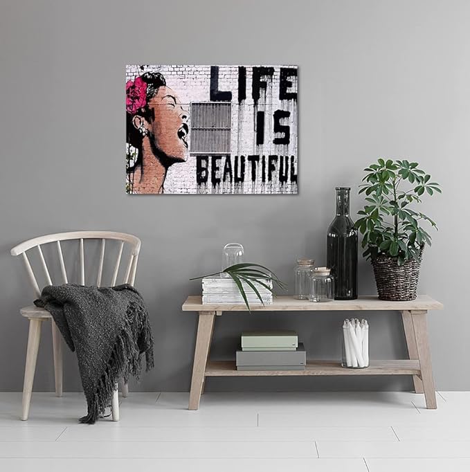 Graffiti Wall Art Inspirational Canvas Art Print Life is Beautiful Graffiti Pop Art Posters for Living Room Bedroom Decoration Stretched and Framed Easy to Hang - 24" W x 18" H