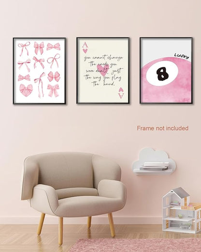 Trendy Pink Bows Posters Wall Art Set of 3, Vintage Preppy Lucky 8 Ball Canvas Wall Decor, Pink Girly Room Aesthetic Picture Prints Painting for College Apartment Living Room Bedroom 12x16 In Unframed