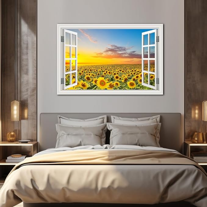 Sunflower Wall Art Decor Flower Canvas Pictures for Living Room Rustic Painting for Wall Window Style Sunset Art Prints for Bedroom Nature Floral Landscape Artwork for Home Office Kitchen Decorations,