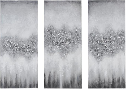 Madison Park Wall Art Living Room Décor - Embellished Hand Painted Canvas, Home Accent Glitter Abstract Bathroom Decoration Ready to Hang Painting for Bedroom, 15"W x 35"H x 1.5"D, Grey 3 Piece