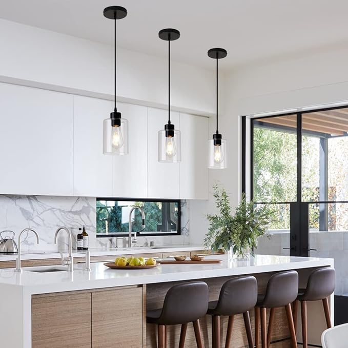 Modern Black Farmhouse Clear Glass Cylinder Pendant Light Fixture,Island Lights for Kitchen,Mini Pendant Lighting for Kitchen Island Decor - 4.75 Inch Shade, 2-58 Inch Cord(1 Pack)