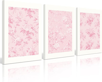 Pink Floral Wall Art Chinoiserie Flower Wall Decor Pictures Aesthetic Canvas Wall Art Love Shack Fancy Poster Vintage Floral Prints for Living Room Bedroom 16x24 Inch Framed Set of 3