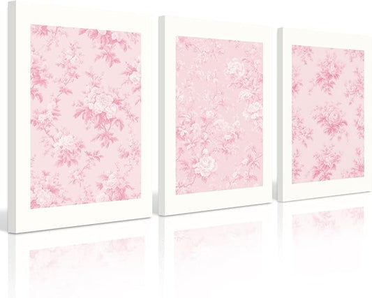 Pink Floral Wall Art Chinoiserie Flower Wall Decor Pictures Aesthetic Canvas Wall Art Love Shack Fancy Poster Vintage Floral Prints for Living Room Bedroom 16x24 Inch Framed Set of 3
