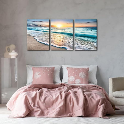 Pacimo 3 Panels Beach Canvas Wall Art for Home Decor Blue Sea Sunset White Beach Painting The Picture Print on Canvas Seascape The Pictures for Home Decor Decoration Ready to Hang - 20"x28"x3 Panels