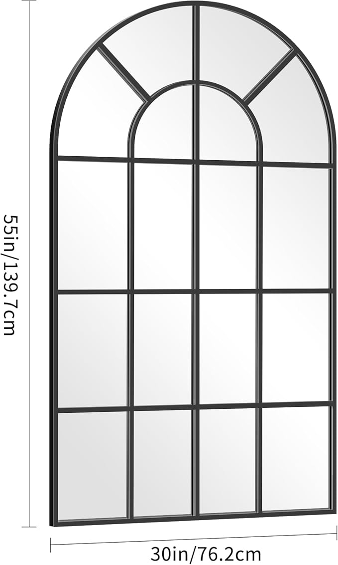 Arched Mirror, 30"x55" Arch Window Mirror, Black Frame Window Pane Wall Decor, Large Wall Mounted Decorative for Living Room Bedroom Entryway Hanging or Leaning Against