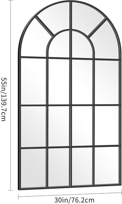 Arched Mirror, 30"x55" Arch Window Mirror, Black Frame Window Pane Wall Decor, Large Wall Mounted Decorative for Living Room Bedroom Entryway Hanging or Leaning Against