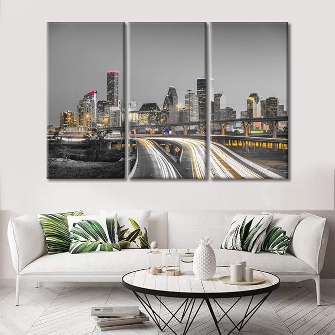 TUMOVO 3 Pieces American Canvas Paintings Home Decor Beautiful Houston Nighttime Skyscrapers Lightscape Wall Art for Living Room City Skyline Modern Home Decor Framed Ready to Hang (42" Wx28 H)