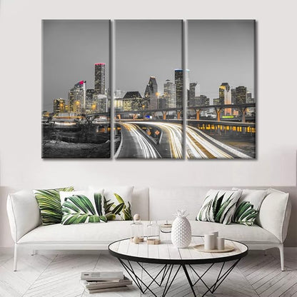 TUMOVO 3 Pieces American Canvas Paintings Home Decor Beautiful Houston Nighttime Skyscrapers Lightscape Wall Art for Living Room City Skyline Modern Home Decor Framed Ready to Hang (42" Wx28 H)