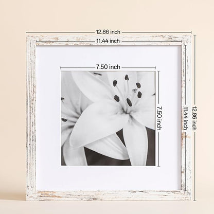 eletecpro 12x12 Picture Frames Set of 9 with Mat for 8x8 Photos or without Mat for 12x12, Square Gallery Wall Decor Collage for Picture Display, Distressed White Frame Set for Wall Hanging