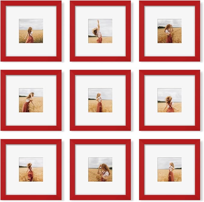 YESKAY 8x8 Picture Frame Set of 9, Photo Gallery Wall Frame Set, Display Pictures 4 x 4 with Mat or 8x8 Without Mat, Square Frame Picture Frames Collage Wall Decor, Red