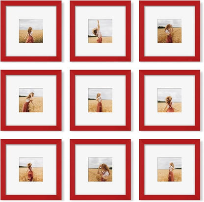 YESKAY 8x8 Picture Frame Set of 9, Photo Gallery Wall Frame Set, Display Pictures 4 x 4 with Mat or 8x8 Without Mat, Square Frame Picture Frames Collage Wall Decor, Red