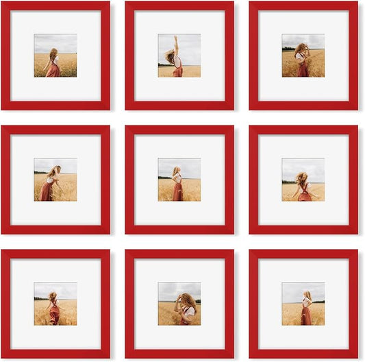 YESKAY 8x8 Picture Frame Set of 9, Photo Gallery Wall Frame Set, Display Pictures 4 x 4 with Mat or 8x8 Without Mat, Square Frame Picture Frames Collage Wall Decor, Red
