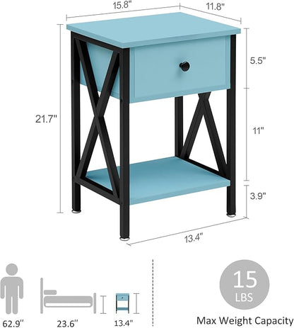 VECELO Nightstands, Modern Bedside End Tables Set of 2, Night Stand with Drawer and Storage Shelf for Living Room Bedroom, Industrial Metal Frame