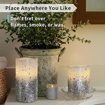 FURORA LIGHTING Silver Glitter Flameless Candles - Real Wax, Adjustable Brightness, Remote & Timer - 4 Pillars (3x4, 3x6) and 4 Votives, 8-Pack, Battery Operated