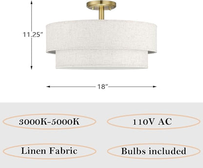 18 Inch LED 24W Adjustable 3000/4000/5000 Gold Double Drum Linen Fabric Shade Semi Flush Mount Close to Ceiling Light Fixture for Bedroom,Living Room,Dining Room Hallway