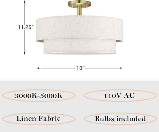 18 Inch LED 24W Adjustable 3000/4000/5000 Gold Double Drum Linen Fabric Shade Semi Flush Mount Close to Ceiling Light Fixture for Bedroom,Living Room,Dining Room Hallway