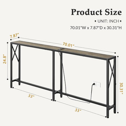 Gewudraw 70" Sofa Tables Narrow Long, Behind Couch Table with Oulets & USB Ports, Industrial Long Skinny Stand for Entryway,Hallway, Living Room, Bedroom 7.9" D x 70" W x 30.3" H