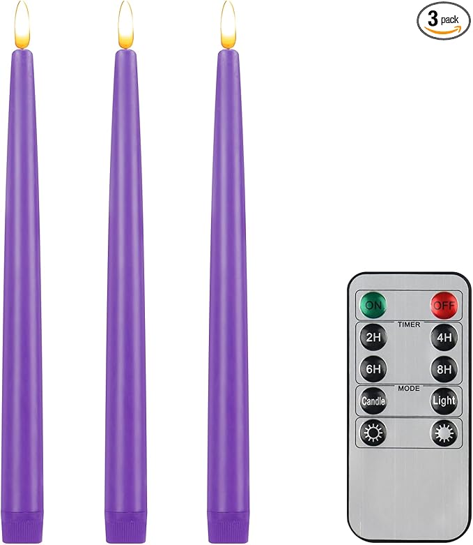 CVHOMEDECO. Flameless Taper Candles with 10-Key Remote, Battery Operated Led Flickering 3D Wick Window Candles Real Wax Finished Home Christmas Party Decor 0.78 x 11 Inch, Pack of 3, Purple