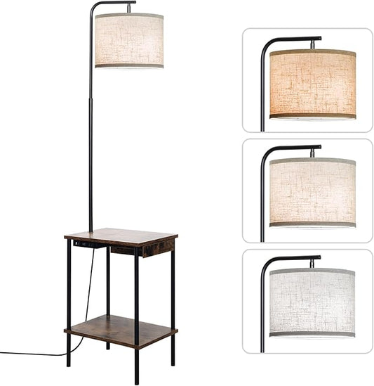 EOEYYOYB Floor Lamp with Table & Drawers, End Table Lamp with USB Charging Portt Power Outlet and Shelves, Side Table Reading Light with 3 Color Temperature Led Bulb Included for Living Room, Yellow