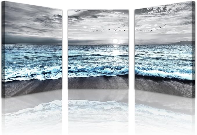 Lapremoly Canvas Wall Art For Living Room & Bedroom - Black And White Beach Scenery - 3 Piece 16x24 in