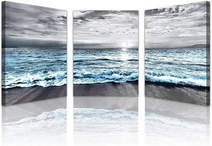 Lapremoly Canvas Wall Art For Living Room & Bedroom - Black And White Beach Scenery - 3 Piece 16x24 in