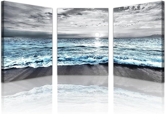 Lapremoly Canvas Wall Art For Living Room & Bedroom - Black And White Beach Scenery - 3 Piece 16x24 in