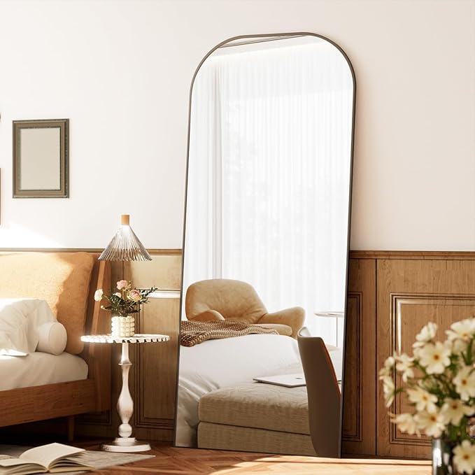 Koonmi Mirror, 71x26 inch Full Length with Stand, Black, Rounded Top, Floor Mount, Aluminum Frame, for Bedroom, Living Room
