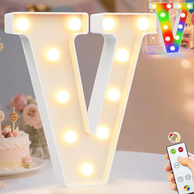 Pooqla LED Light Up Letters, Warm White and Colorful Lighted Marquee Letters with Remote, Lighted Letter for Party Birthday Decorations, Gift for Girls Boys Night Light, Wedding Home Decor, Letter V