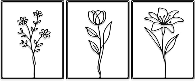 Otoolling 3 Pieces Metal Minimalist Line Kitchen Signs Wall Decor Drawing Rustic Bathroom Wall Art for Dining Living Room Bathroom Home, 14 x 11 Inches (Flower,Black)