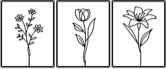 Otoolling 3 Pieces Metal Minimalist Line Kitchen Signs Wall Decor Drawing Rustic Bathroom Wall Art for Dining Living Room Bathroom Home, 14 x 11 Inches (Flower,Black)