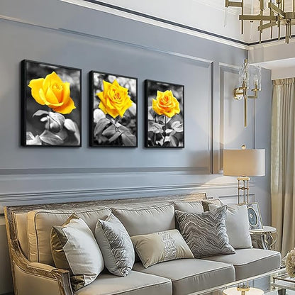 Black Framed Wall Art For Bedroom Living Room Wall Decor For Kitchen Office Decor Black And White Artwork Pictures Yellow Rose Flowers Wall Painting Modern Room Home Decor 3 Piece Framed Art Prints