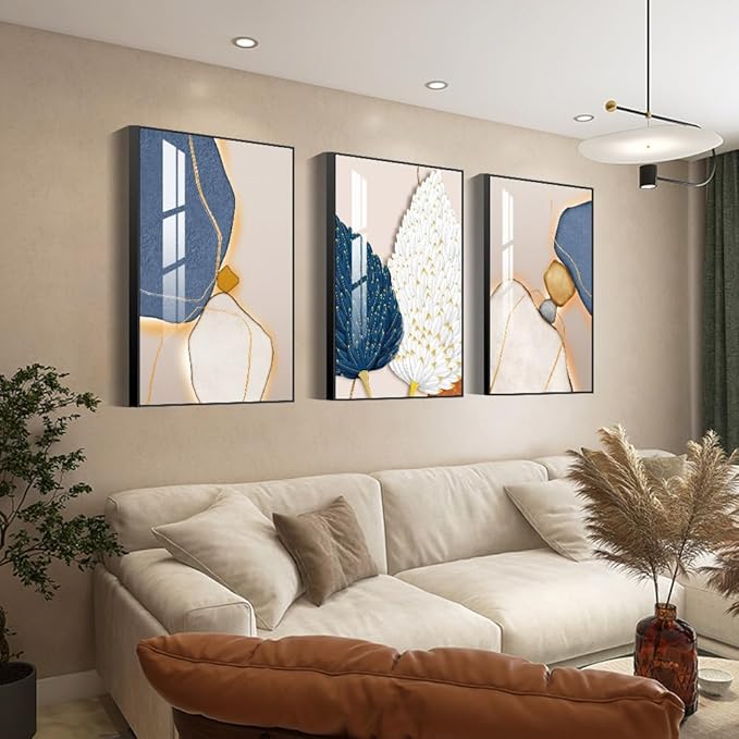 Bright Style Wall Art Set of 3 Frames Canvas Wall art Decor Abstract Minimalism Natural Posters & Prints, large Size Wall Art For Living room Bedroom Kitchen Office (24 "X 16" X 3 pieces, Blue)